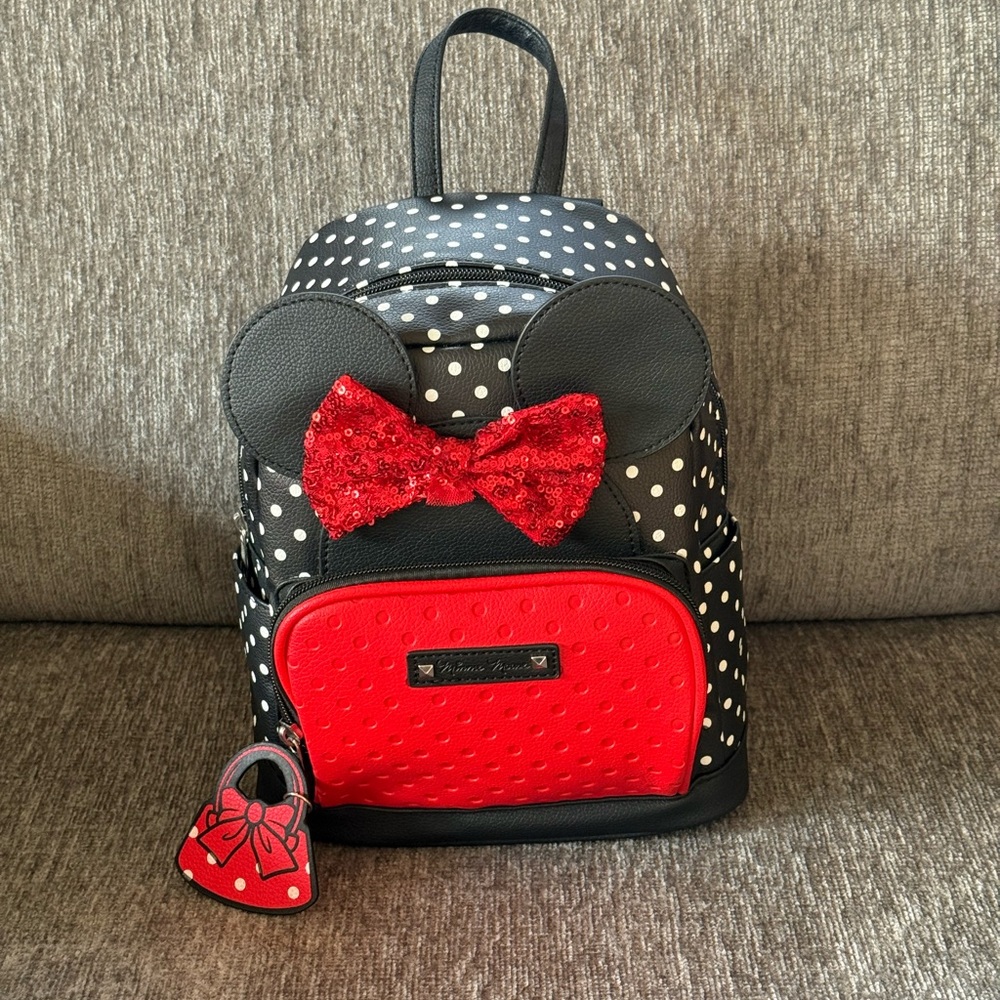 Disney Minnie Mouse Polka Dot Kids Backpack With Sequin Bow & Faux Leather Tag